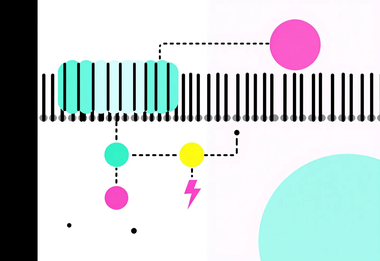 Memphis-style geometric diagram of the GHRH receptor cascade with a pink ligand, teal receptor, blue signaling dots and a yellow lightning-bolt