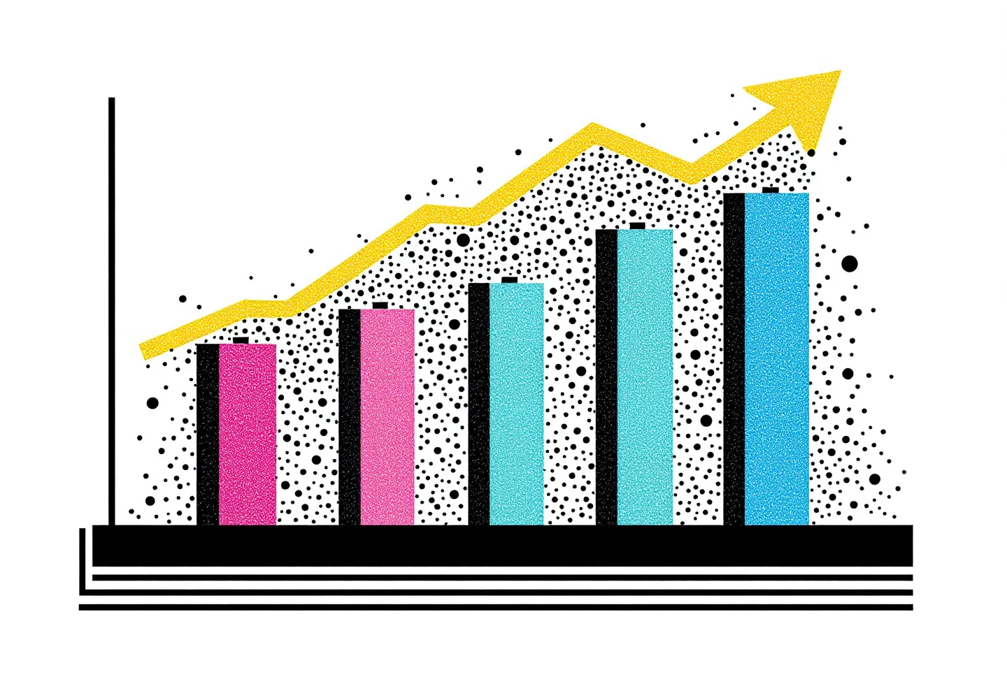Memphis-style confetti bar chart of pulsatile GH secretion with clashing-bright bars and a yellow squiggle trend arc on white