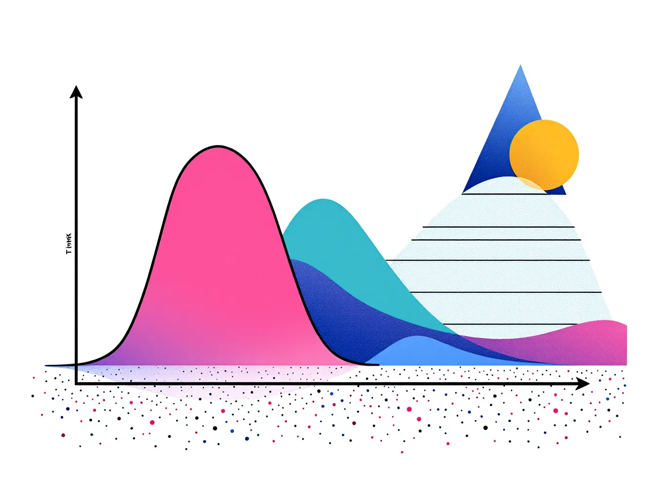 Memphis-style pharmacokinetic decay curve in hot pink with a yellow t-max dot and floating geometric shapes on white