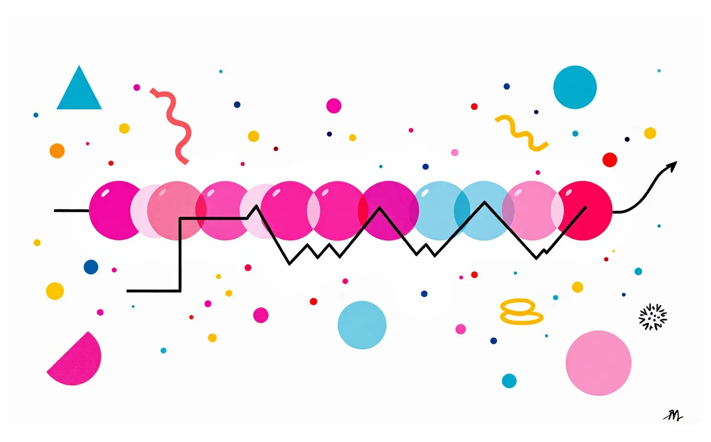 Memphis-style geometric illustration of an abstract peptide chain made of clashing-bright beads with floating squiggles and terrazzo confetti on white