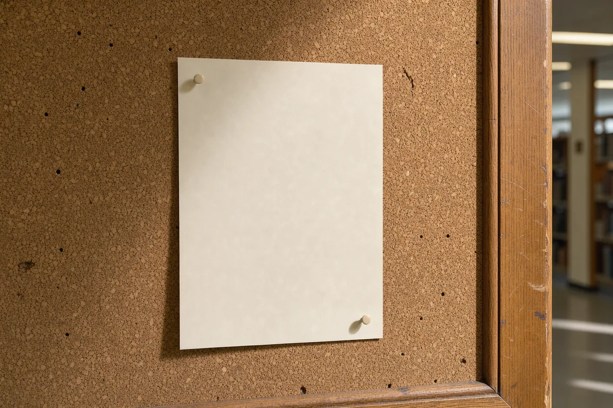 The timber edge of a library cork noticeboard with one blank pinned sheet beside it.